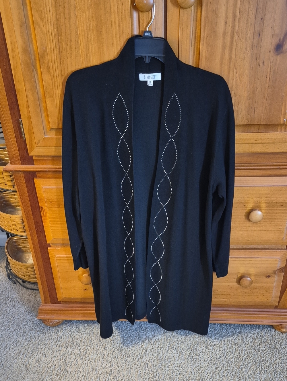 My Story Black Open-Front Cardigan with Studded Swirl Trim
